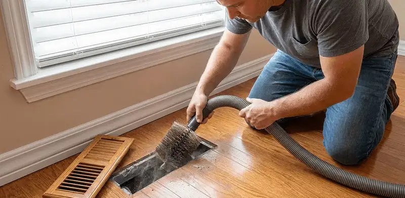 Air duct cleaning technician vacuuming a floor vent and duct opening in Chattanooga, TN