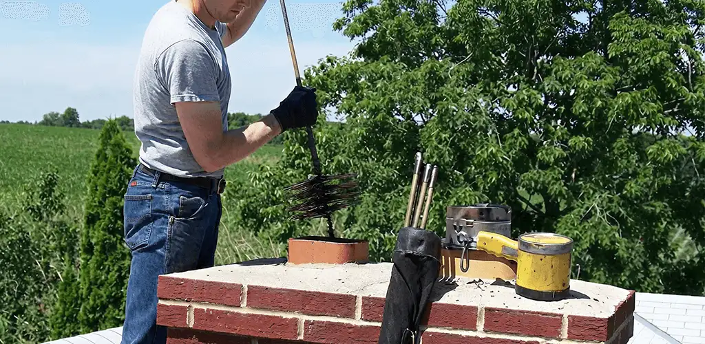 Chimney cleaning technician working on a rooftop chimney with professional tools in Chattanooga, TN