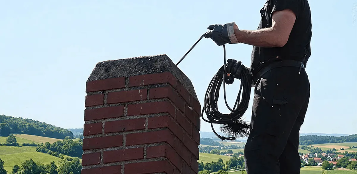 Chimney sweep inspecting and cleaning a rooftop chimney in Chattanooga, TN