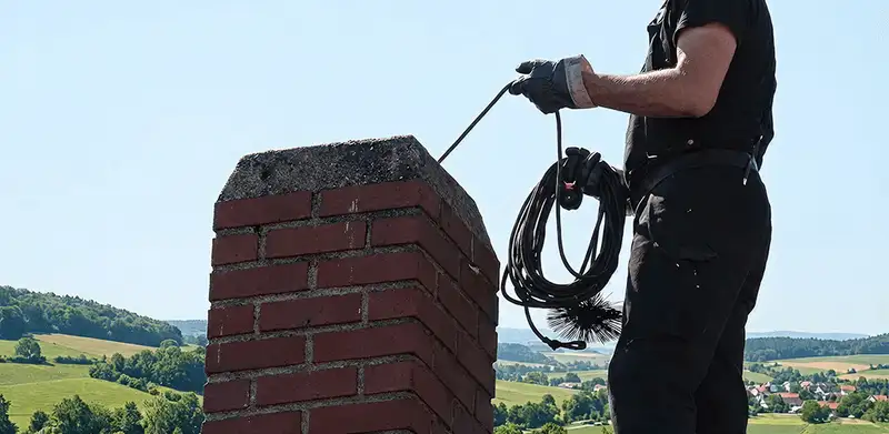 Chimney sweep inspecting and cleaning a rooftop chimney in Chattanooga, TN