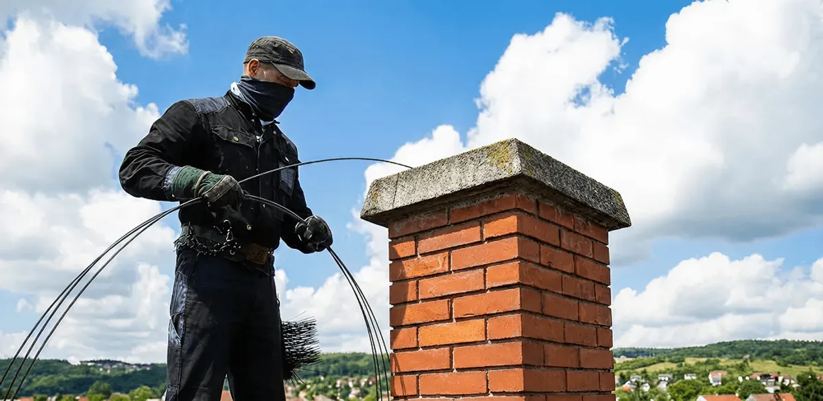 Chimney sweep cleaning a brick chimney with professional tools in Chattanooga, TN