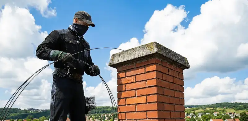 Chimney sweep cleaning a brick chimney with professional tools in Chattanooga, TN