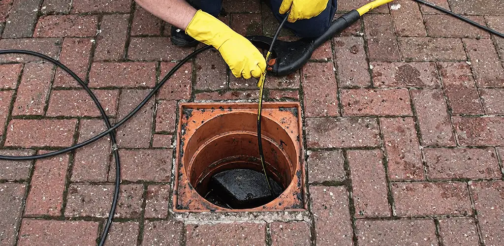 Drain cleaning technician using a drain snake to clear a clogged drain in Chattanooga, TN