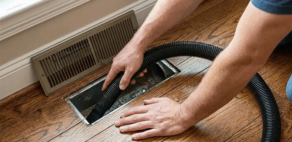 Air duct cleaning technician vacuuming a floor register and duct opening in Chattanooga, TN