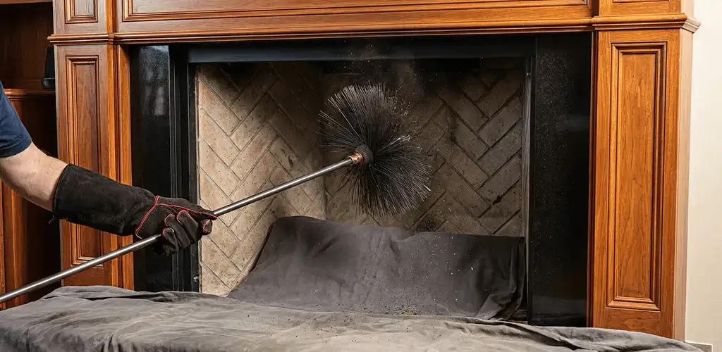 Chimney cleaning service brushing soot from a fireplace and flue in Chattanooga, TN