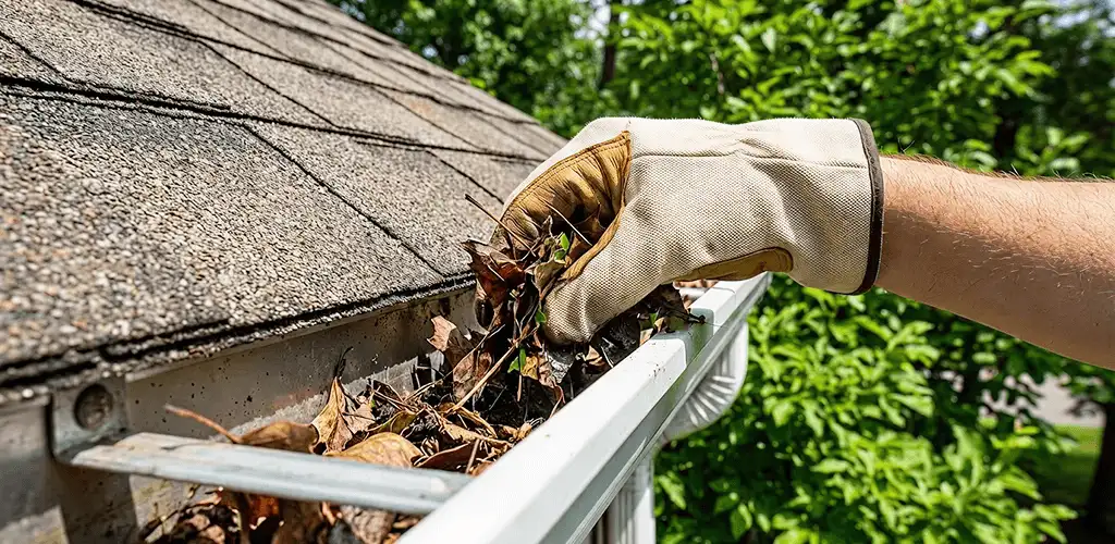 Gutter cleaning removing leaves and debris from roof gutters in Chattanooga, TN