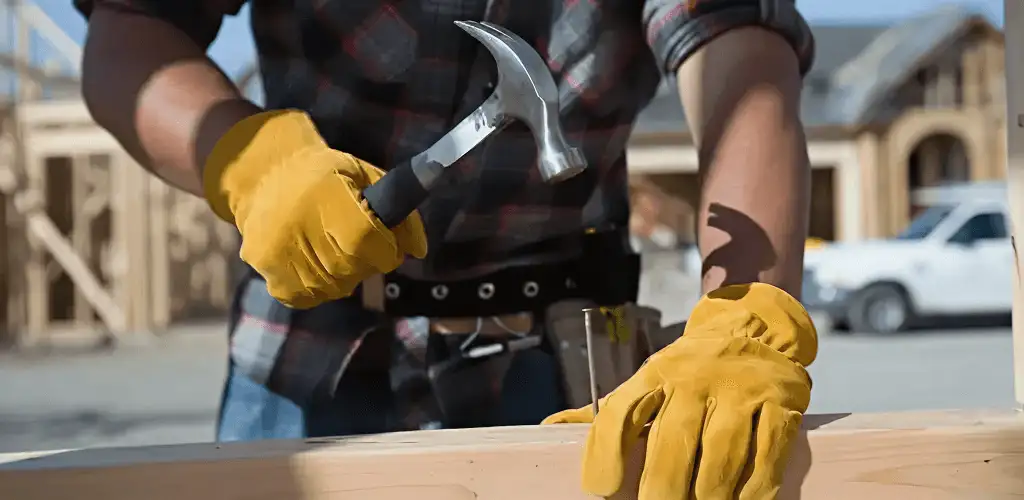 Handyman fixing wood trim with a hammer for home repairs in Chattanooga, TN