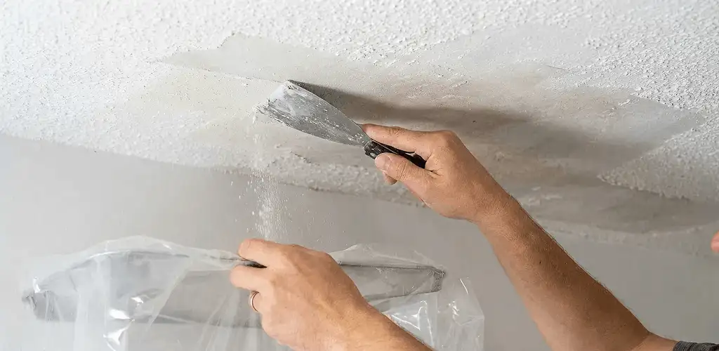Popcorn ceiling removal technician scraping texture from a ceiling in Chattanooga, TN
