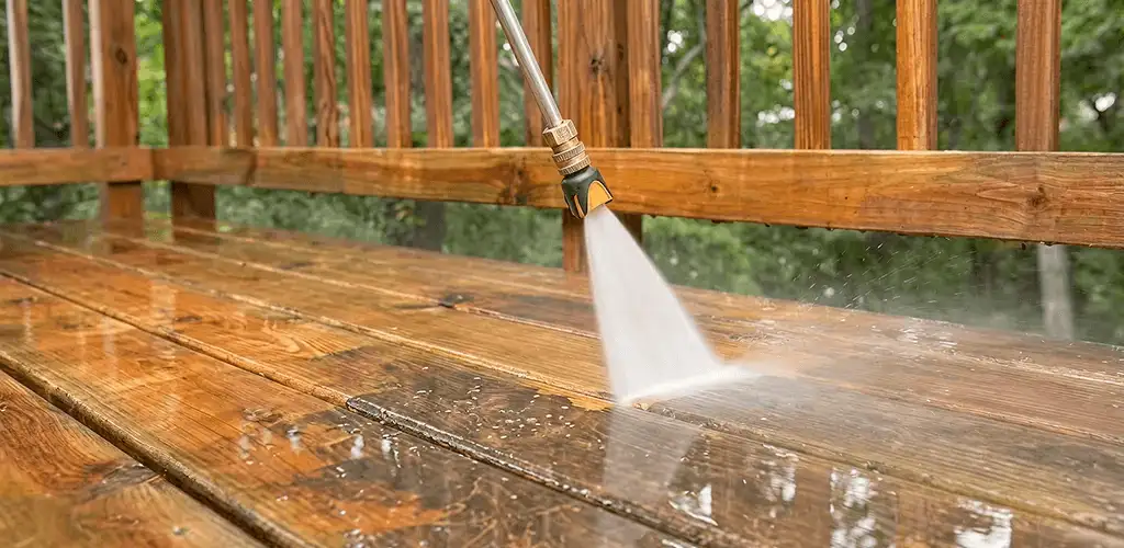 Pressure washing a wood deck to remove dirt and buildup in Chattanooga, TN