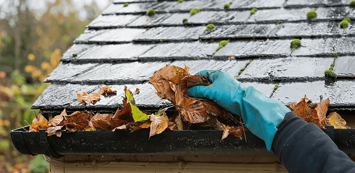 Gutter cleaning technician clearing wet leaves from roof gutters in Chattanooga, TN