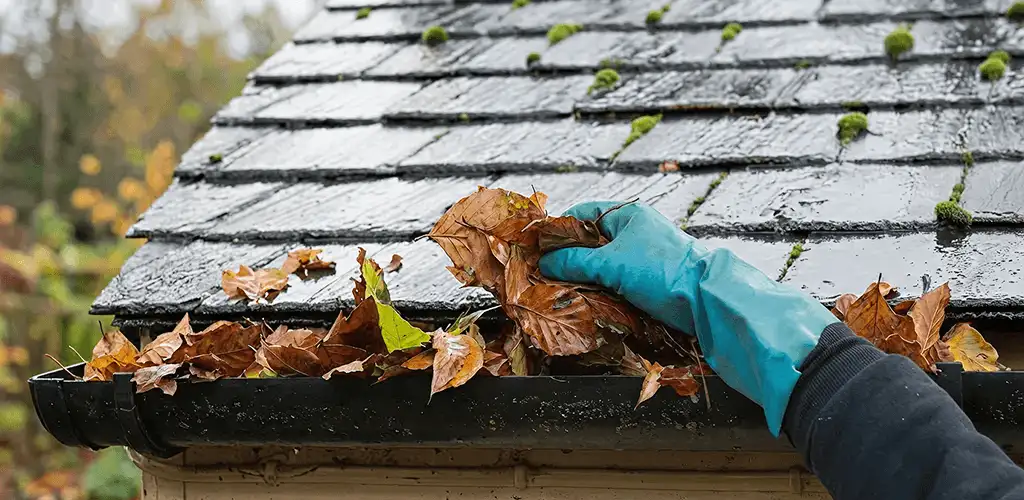 Gutter cleaning technician clearing wet leaves from roof gutters in Chattanooga, TN
