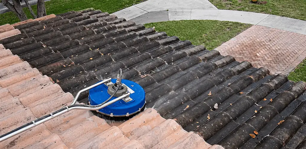 Roof pressure cleaning removing debris and buildup from roof tiles in Chattanooga, TN