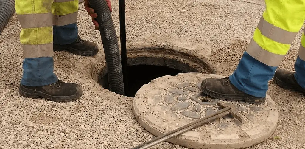 Drain cleaning crew clearing a sewer access point with professional equipment in Chattanooga, TN
