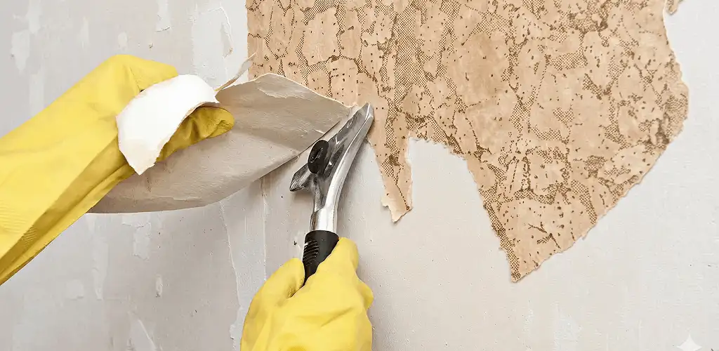 Wallpaper removal service stripping old wallpaper from a wall in Chattanooga, TN