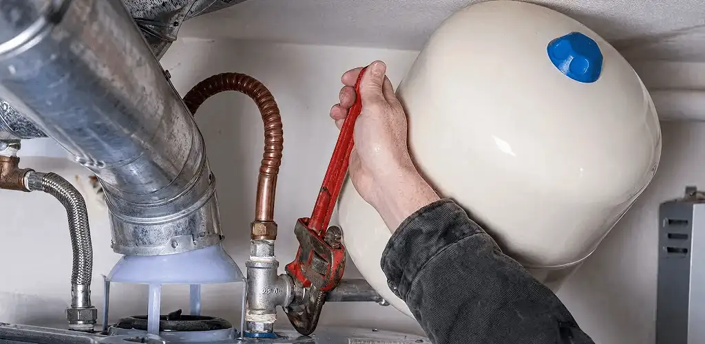 Water heater repair technician tightening plumbing connections near a tank unit in Chattanooga, TN